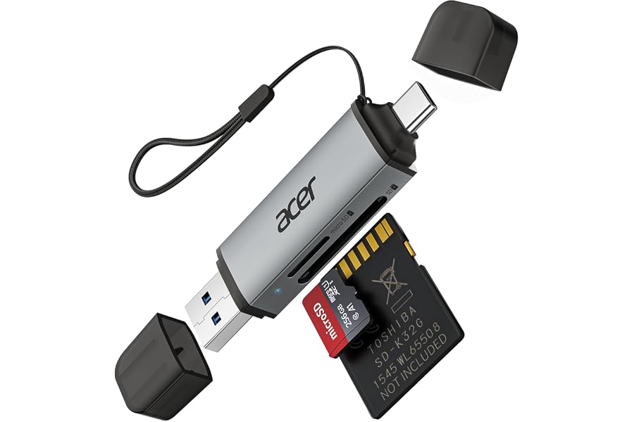 Produktabbildung zu Acer SD Kartenleser, Dual USB 3.0 USB C Stecker Kartenlesegerät Aluminium | OTG Adapter SD Card Reader Speicherkartenleser für SD/Micro SD/TF/SDHC/SDXC, iPhone 17 16 15 Serie,S26,Android/Windows/macOS.