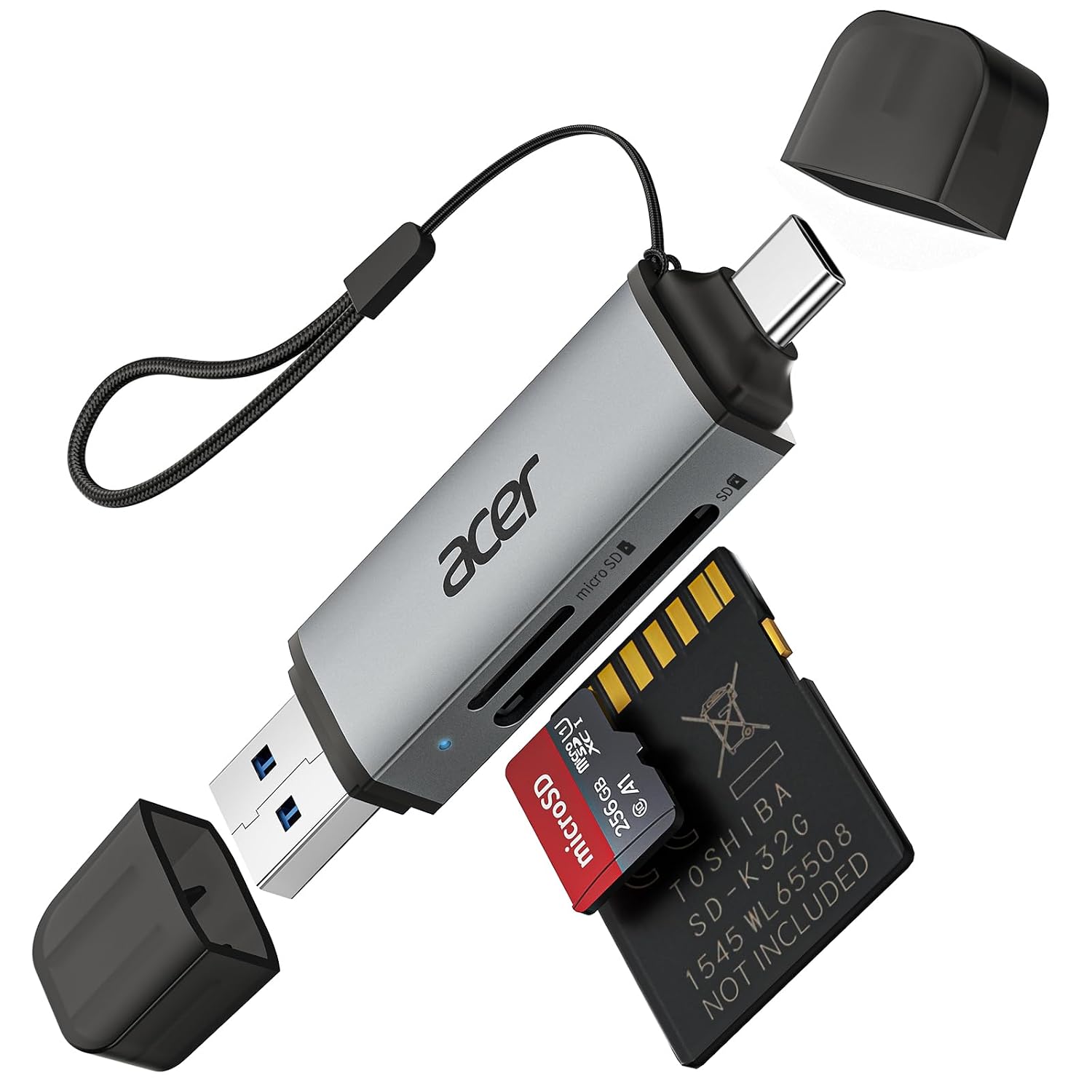 Acer SD Kartenleser, Dual USB 3.0 USB C Stecker Kartenlesegerät Aluminium | OTG Adapter SD Card Reader Speicherkartenleser für SD/Micro SD/TF/SDHC/SDXC, iPhone 17 16 15 Serie,S26,Android/Windows/macOS.
