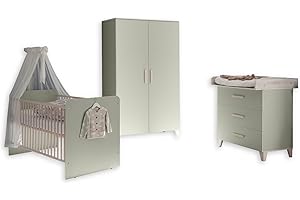 ‎STELLA TRADING PRIZZI Babyzimmer Komplett-Set in Pastellgrün / Aurum Optik - Babyzimmer Möbel-Set 3-teilig bestehend aus Kleiderschrank, Babybett & Wickelkommode
