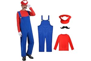 WVWMYM Mario Kostüm Erwachsene, Klempner Faschingskostüme Männer mit Bodysuit, Mario Kostüm Herren Damen, Marios Mütze und Schnurrbart, Karneval Cosplay Karneval Kostüms Herrens Damen