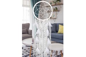 Dremisland Atrapasueños Grande con Plumas Blanca Atrapasueños Hecha a Mano Bohemio Macramé para Colgar en la Pared Decoración del hogar Adorno Festival Artesanía Regalo(Grand)