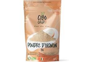 CIBO CRUDO CRUDO BIOLOGICO VEGAN Oignon en Poudre Bio - Qualité Premium - 50g. Poudre d'Oignon Déshydraté et Séché au Soleil. Oignon Séché Finement Moulu. 100% Naturel et Pur.