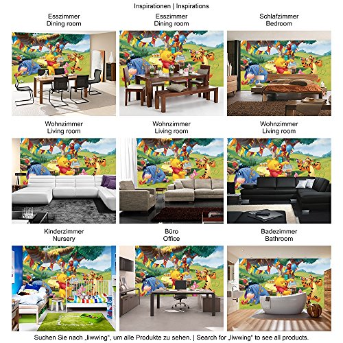 Vlies Fototapete PREMIUM PLUS Wand Foto Tapete Wand Bild Vliestapete – Kindertapete Cartoon Bär Tiger Esel Winnie Pooh Tigger Ferkel Ballon Geburtstag Baum Wiese – no. 922, Größe: 368 x 254 cm Vlies - 6