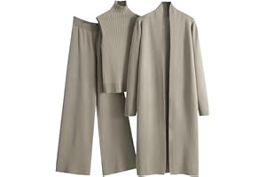 GENERIC Women's 3 Piece Knit Lounge Set, Long Sleeve Cardigan Sleeveless Turtleneck Tank Top and Wide Leg Pants Matching