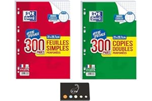 BLUMIE SHOP Lot de 300 feuilles simples + 300 copies doubles grand carreaux seyès perforées A4 + 1 Index Adhésif Blumie