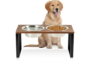 GUUSII HOME Miska dla psa Podwyższona miska na karmę Psy Średnio podniesiona miska dla psa Zestaw misek ze stali nierdzewnej 900ml Stojak na stację karmienia Drewno 42,5 * 20 * 20,5cm
