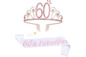 ruggito 60th Birthday Costume Set For Women,Include 60th White Satin Sash,Rose Gold 60 Birthday Crown Tiara and Round Brooch Clip Pin for 60th Birthday Decoration Girls Women