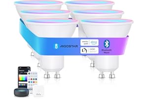 Aigostar Mesh - 6.5W GU10 Ampoule Connectée Bluetooth Mesh, Ampoule Connectée Alexa 555LM RVB & 2700K-6500K, Ampoule LED Alexa, 6 Unités (avec Passerelle et Télécommande Bluetooth)