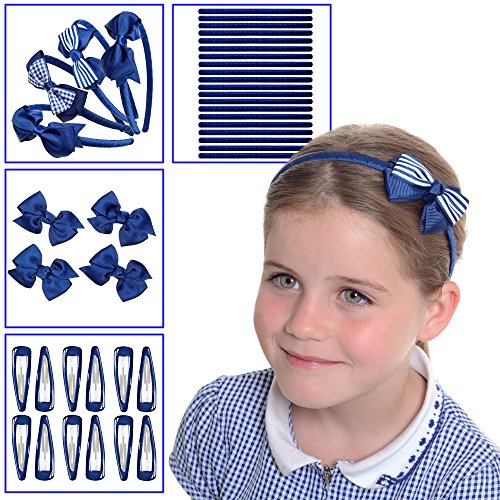 SCHOOL HAIR ACCESSORIES SET FOR GIRLS: 40 pcs, All School Uniform Colours Available, Black, Green, Red, Navy Blue, Headbands, Hair Clips, Hair Bands, Ribbon Bows, Slides, Alice Bands - Back To School.