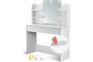 Juskys Coiffeuse Bella avec Miroir, éclairage LED, tiroir et 4 étagères, 108x40x140cm, Coiffeuse cosmétique Lumineux - Table de Maquillage pour Adulte et Enfant Fille - Blanc