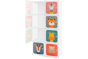 COSTWAY 8/12 Cube Children Clothes Closet, Cartoon Modular Wardrobe with Hanging Sections, Kids Storage Unit for Children Room, Nursery, Bedroom