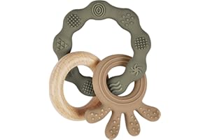 Vicloon Jouets de dentition Pour Bébé, Anneau de dentition en Silicone et bois, Jouets à mâcher Pour Bébé, faciles à saisir et à nettoyer, Jouets de dentition à mâcher en Silicone (Vert)