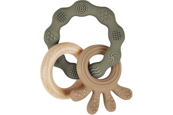 Vicloon Anneau de dentition en Silicone et bois, Jouets à mâcher Pour Bébé, faciles à saisir et à nettoyer, Jouets de dentition à mâcher (Vert)