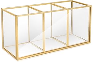 MAGIIN Gold Makeup Brush Holder 3-Compartment Glass and Brass Cosmetic Storage Organizer Vintage Make up Storage Box for Brushes Eyeliner Pen Lipstick Jewellery