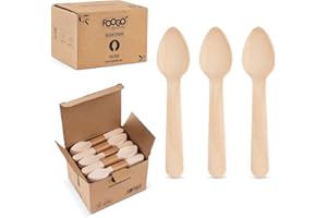FOOGO Green 250 Cucharas de Postre de Madera Desechables, Certificadas FSC®, 11cm Cubiertos Desechables Pequeños, Helados, Gelatina, Cuchara de Madera Resistente, Cubiertos de Bambú para Aperitivos