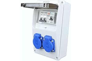 RoadEu - Distributore di corrente 230V, 2x presa Schuko BALS con interruttore, distributore di prese con RCD 25A tipo A/AC, 2x LS C16A. Distributore di corrente da cantiere IP44.