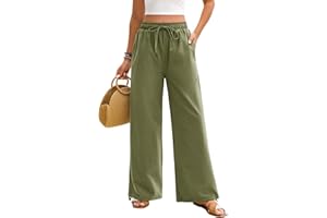 PASUDA Pantalon Fluide Femme Été Pantalon en Coton Décontractés Pantalon Taille Haute Élastique Plage Pants Léger Larges Pantalon à Cordon avec Poches