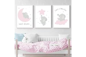 NORDIC IDEAS Juego de 3 Laminas 30x40 Infantiles Bebe Niño Animales Elefante Luna Estrella Nube Rosa Poster Citas Cuadros Impresión en Lienzo Decoración Habitación Niña Regalo Sin Marco RLQ