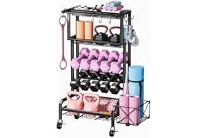 JAOGAUS Soporte Mancuernas, Multifuncional Estante de Almacenamiento de Yoga Esterilla con 4 Ruedas y Gancho, Organizador de Dispositivos de Fitness, Accesorios Para eI, Esterilla de Yoga, Rodillo de Fascia