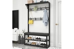 ANGROUPS Metal Coat Rack with Shoe Bench, Modern Industrial Entryway Coat Tree with 11 Hooks and 2-Tier Shoe Rack, 4 in 1 Hall Tree for Hallway Living Rooms, Easy to Assemble, 100X30X172CM