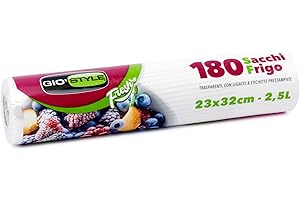 GIO'STYLE 180 sacchetti freezer in rotolo Fresh | 23x32 cm / 2,5 lt | Ultra resistenza | Etichetta prestampata su ogni sacchetto