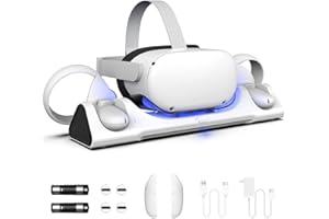 ZYBER Base de carga con luz LED para Oculus Quest 2, soporte de carga VR para Meta Quest 2 (compatible con correa Elite con batería), estación de carga con 2 baterías recargables