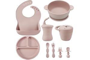 PandaEar Silicone Baby Feeding Set | 9PCS Baby Led Weaning Set | Baby Eating Set | Divided Suction Plate Bowl Bibs Sippy Cup with Baby Snack Container Spoons Forks (Pink)