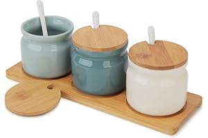 Chase Chic Tarro de condimentos, Juego de Tarros de Cerámica para Condimentos con Tapas, Cucharas y Bandeja de Madera, Cerámica Spice Jar Envase 230ml, Ideal para La Cocina del Hogar