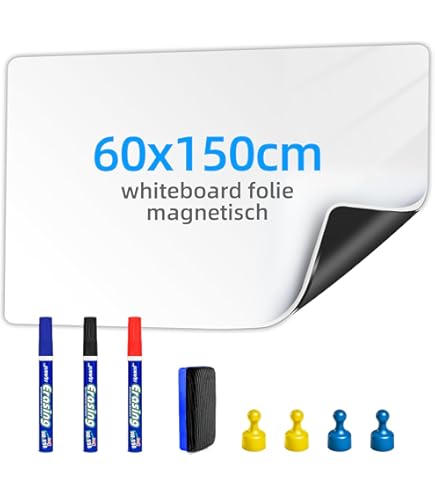 Whiteboardfolie, op maat gezaagd, zelfklevend, beschrijfbaar, afwasbaar, ijzerfolie, ferrofolie, wit, schoolfolie, magnetisch, herbeschrijfbaar, hechtbasis voor magneten (160 x 80 cm