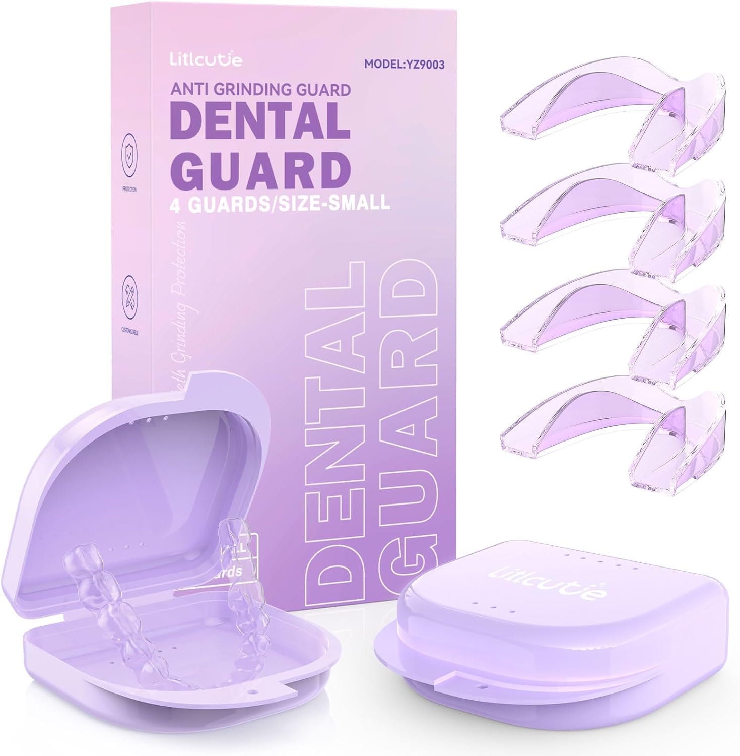 Litlcutie Protector Bucal para el Rechinamiento de los Dientes por la Noche, Protectores Nocturnos para el Rechinamiento de los Dientes con Estuche de Espejo 2x 5X,4 Paquetes, Morado