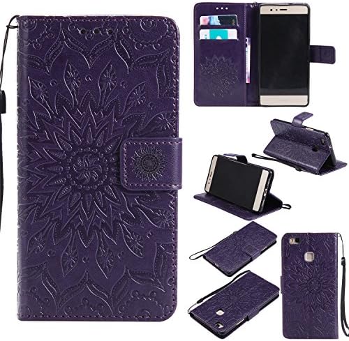 (Sleeping Bear) - Huawei Ascend P9 lite Case,Embossed Totem Sun Flower Pattern PU Leather [with Lanyard Strap/Rope] Credit Card/Cash Holder Slots Wallet Stand Flip Fashion Ultra Slim Fit Protective Case Cover + stylus.---Purple