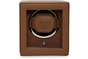 Wolf Designs 461127 Cub Single Watch Winder with Glass Cover, Cognac Vegan Leather Case, Chrome Finished Hardware and Bi-Directional Settings.