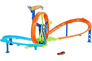 Hot Wheels Launch and Loop Conjunto de Juego de Pistas y Coche de Juguete, Coche de Metal a Escala 1:64, Zona de choques en Pista con Forma de 8 con looping con Impulsor, JBX65
