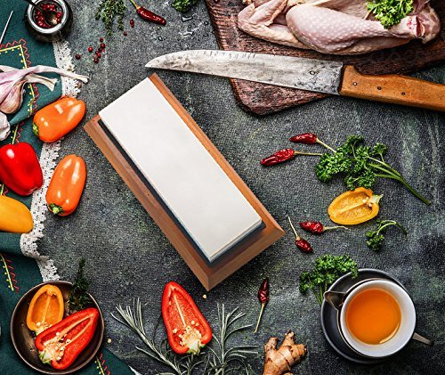 langxun 2-in-1-Messerschärfer Stein, 2 Seite Körnung 1000/6000 Schleifstein | Bonus Bambus rutschfest Boden & Winkel Guide - 5