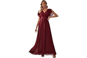 Ever-Pretty Robe pour Mariage Invité Longue Femme Col V Mousseline A Line Manches Courtes Plissé Chic EE0164A