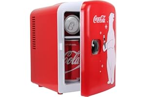 KOOLATRON Coca-Cola Mini Frigo de Chambre 4L / 6 Canettes dessus de table Portable Petit Frigo Thermoélectrique pour Boissons Nourriture Cosmetique Beauté Bureau Dortoir Voiture Voyager Camping (Rouge)