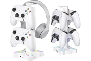 KDD Soporte Auriculares Gaming, Porta Auriculares Mesa Giratorio con 9 Modos de Luz, Soporte Mando con 2 Puertos USB, Puerto Tipo-C y 3,5mm Conector de Audio, Headphone Stand para Gamers PC(Blanco)