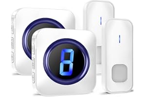 SURFOU Bezprzewodowy dzwonek do drzwi, wodoszczelność IP55, wyświetlacz LED, 5 poziomów głośności, 55 melodii, zasięg 400 m, 2 zasilane bateriami nadajnik, 2 odbiorniki wtykowe