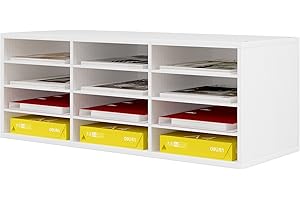 Senhoglb Wood Paper Storage Organiser for Desk, 12 Compartments Wooden File Sorter with Adjustable Shelves, Mail Sorter Organizer Countertop for Office, Home, School, White