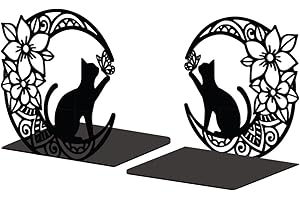 Peacoblue Metal Bookend Stopper Holder Stand for Shelves Decorative, 13.5x11x13.5 Modern Creative Heavy Duty Study Book End for Desk Shelf, 1 Pair (Moon with Cat and Flower)