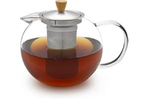 GLASWERK Théière en Verre Sans Chauffe (1,3L) - Avec Infuseur Inox, Élégante Poignée en Bois et Passoire en Acier Inoxydable