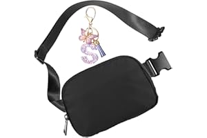 VPOOFREE Black Bumbags Fanny Pack for Women Men Cross Body Bum Waist Bag Crossbody Belt Purse with Letter S Keyring Initial Butterfly Keychains(Black Bumbag for S)