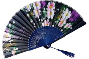 HICET Black Background with Mum Floral Patterned Hand Fans Come With Fan Bag, Vintage Silk and Japanese Lace Designs with Bamboo Frames, Handheld Folding Fans Perfect for Weddings, Parties and Church Events