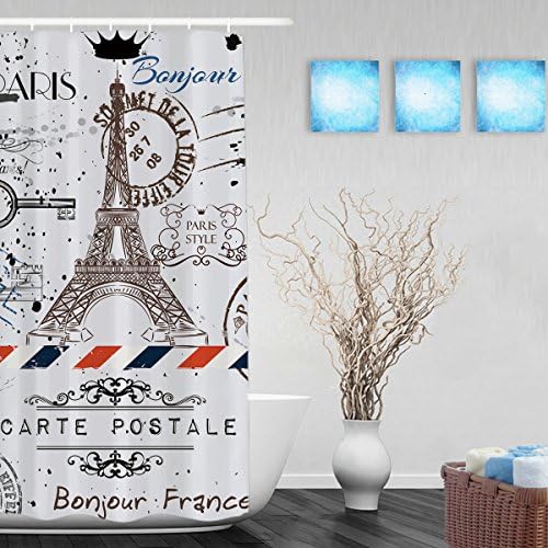 Flower Eiffel Tower And Post Stamps Bathroom Shower Curtain Cute Retro Paris Elements Shower Curtains Waterproof Mildew Polyester Fabric 36"X72"Inch