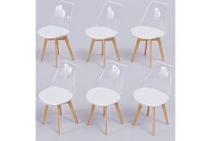 WAFTING 6er Set Esszimmerstühle mit transparenter Rückenlehne, weißem Kissen und Buchenholzbeinen für Esszimmer, Schlafzimmer, Wohnzimmer und Konferenzraum