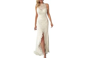 NUSGEAR 2022 Vestidos Largo para Mujer,Elegante Vestido de Novia Vestidos de Boda del encaje Fiesta elegante Vestidos de vestir de Cóctel Vestido de Noche Moda Slim Fit Cuello redondo Vestidos con abertura