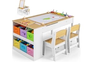 GYMAX 2 in 1 Kids Table and Chairs Set, Wooden Children Art Table with 2 Chairs, 6 Storage Boxes, Paper Roller & Shelves, Toddler Activity Table Set for Drawing (Natural, 6 Cups: 109 x 60 x 55cm)