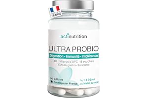 ACTINUTRITION ULTRA Probio Flore Intestinale | 40 à 100 milliards UFC/jour | 8 souches naturelles Lactobacillus & Bifidobacterium + Levure de Bière | 90 gélules végétales gastro-résistantes | Fabriqué en France