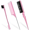 Qufiiry 3 Pcs Slick Back Hair Brush, Edges Brush, Slick Brush Set, Back Combing Brushes, Teasing Brush, Backcombing Brush, For Women Hair Salon Hair Slicking, Pink