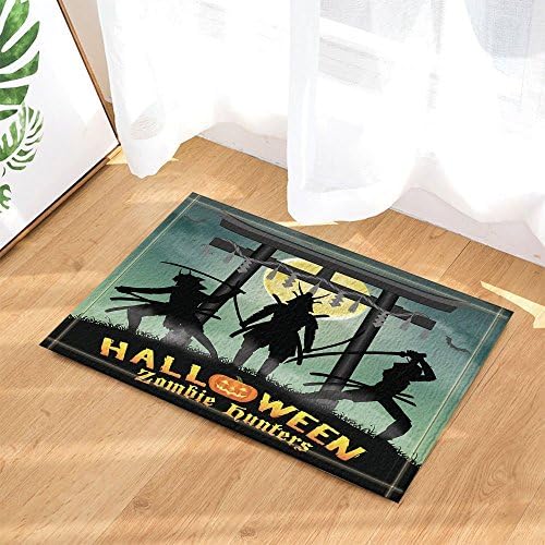 Halloween Decor Samurai Zombie Hunter with Japan Style Temple Gate Bath Rugs Non-Slip Doormat Floor Entryways Indoor Front Door Mat Kids Bath Mat 60X40 CM Bathroom Accessories
